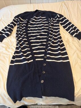 LOFT Navy and White Striped Long Button Cardigan
